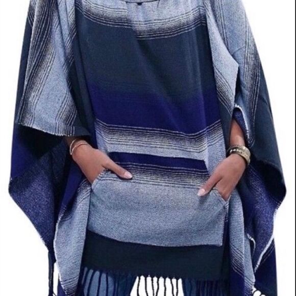 Free People Desert Dream Blue Striped Cowl Neck Poncho One Size. - Picture 3 of 10